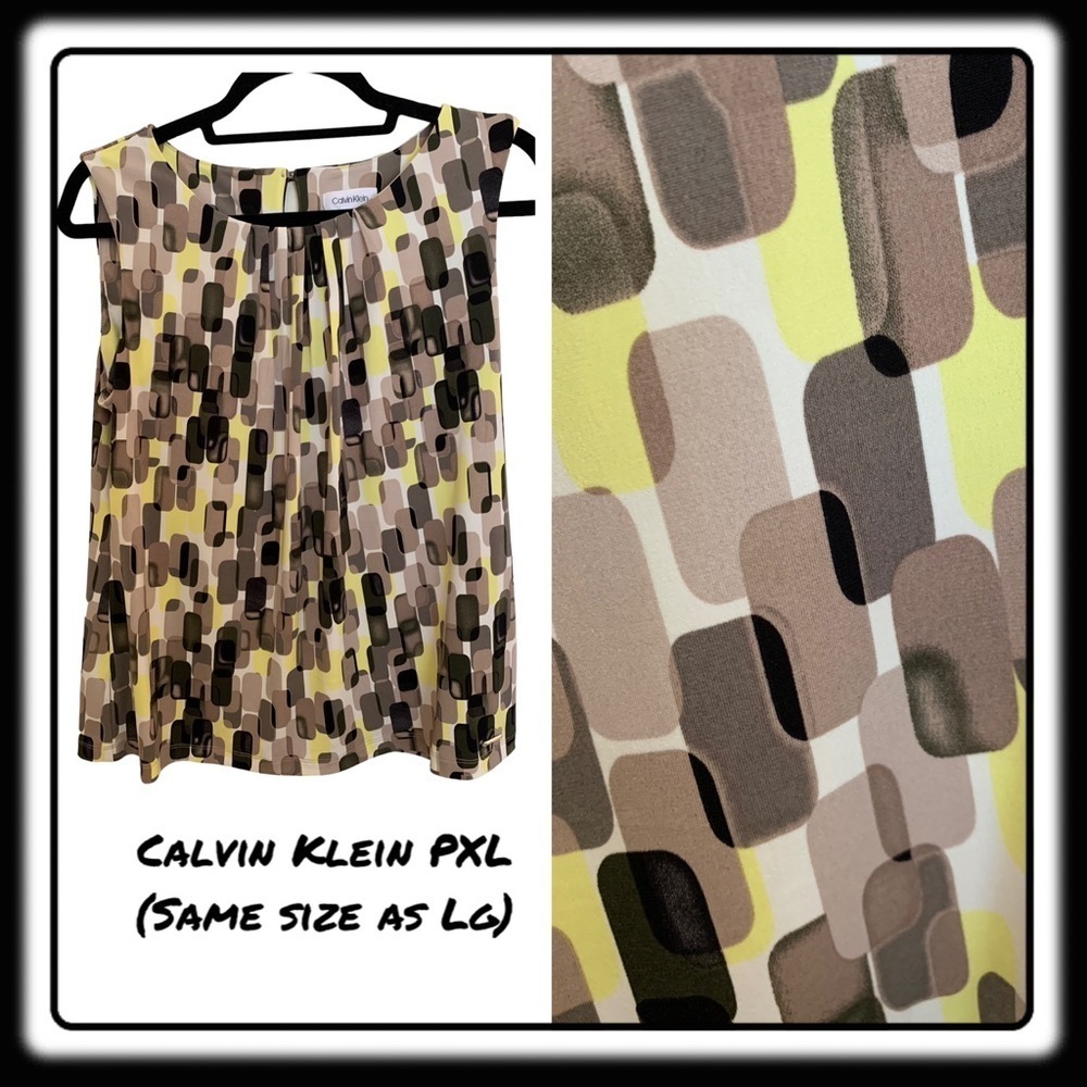 Calvin Klein Yellow / Tan PXL. (Same as reg LG.) Flattering Gathering at Neck.